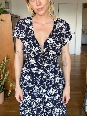 Vintage, Chaus Navy and White Floral Rayon Dress
